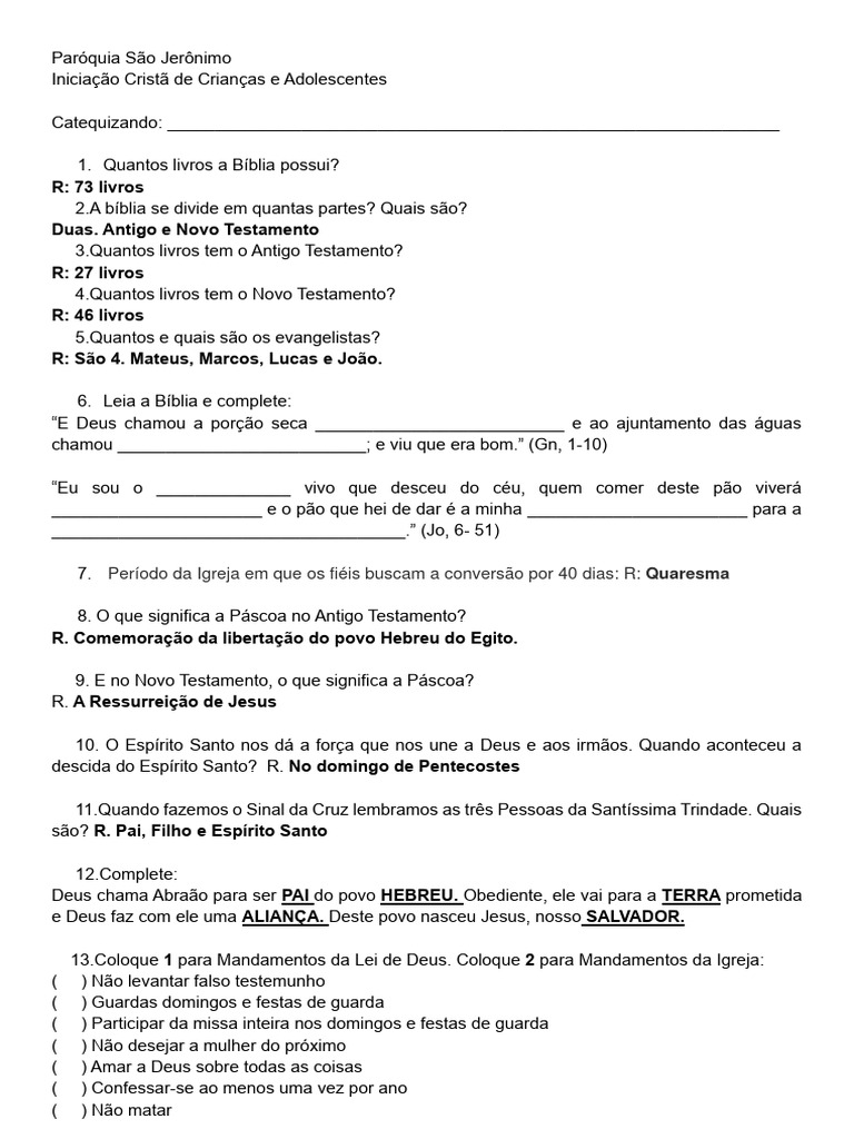 Questionário - Segunda Etapa - Catequese | PDF | Eucaristia | Ano litúrgico