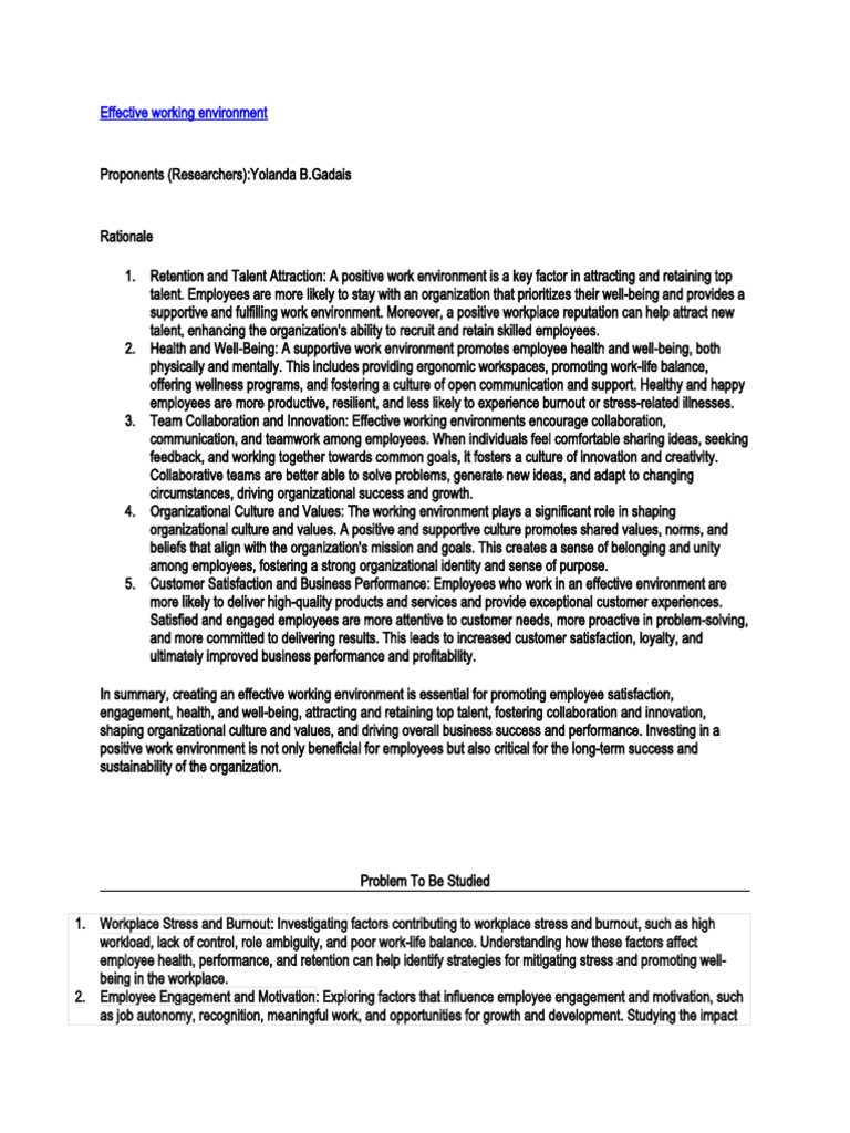 Effective Working Environment Topic | PDF | Qualitative Research ...