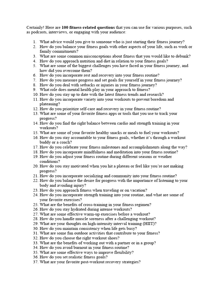 100 Engaging Fitness Questions | PDF | Physical Fitness | High ...