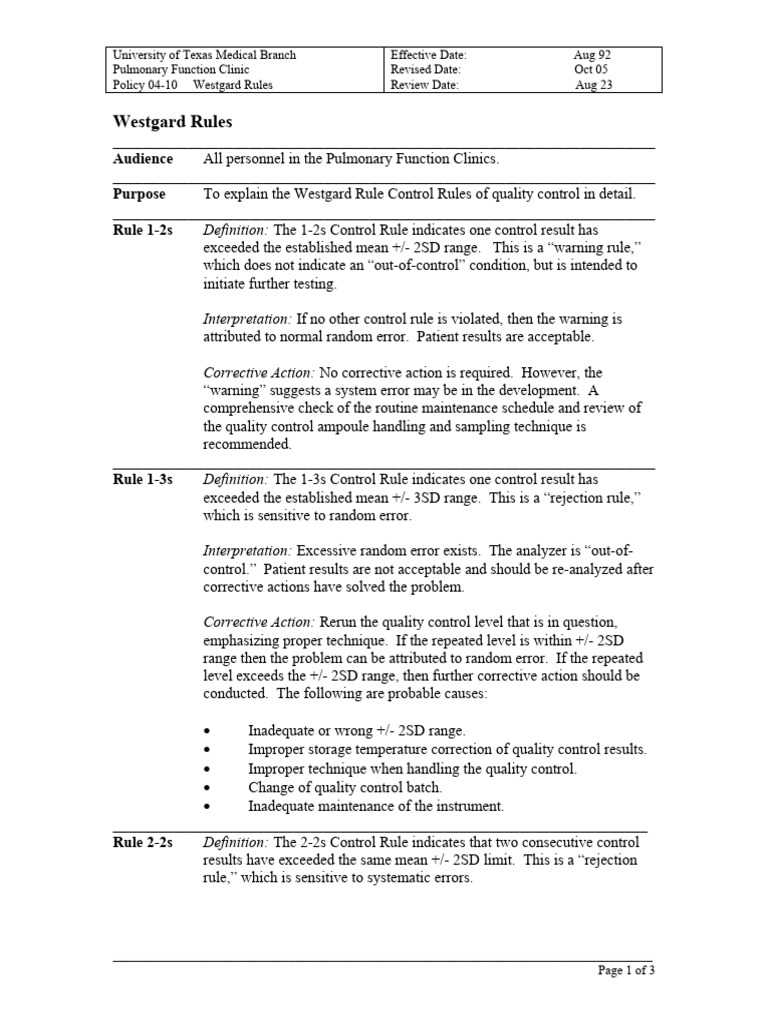 Systematic Error Westgard Rules