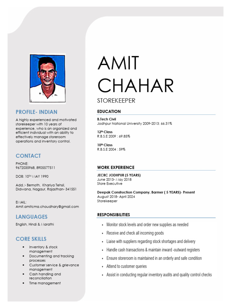 Amit Chahar: Storekeeper Profile | PDF | Business