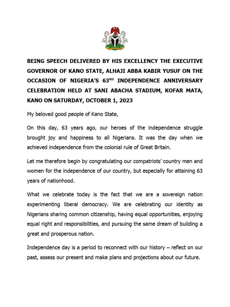 Being Speech Delivered by His Excellency The Executive Governor of Kano ...