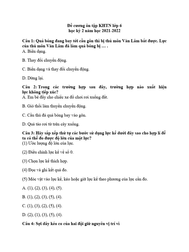 Câu hỏiôn tập KHTN lớp 6 học kỳ 2 | PDF