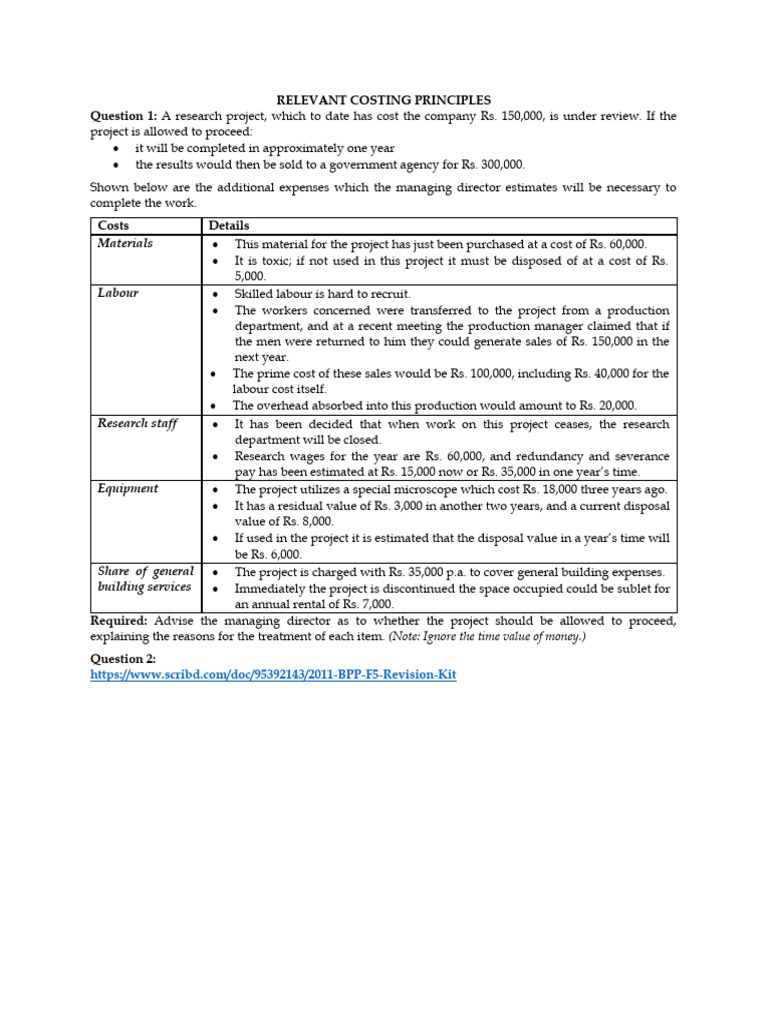 Relevant Costing Principles Test | PDF | Cost | Opportunity Cost