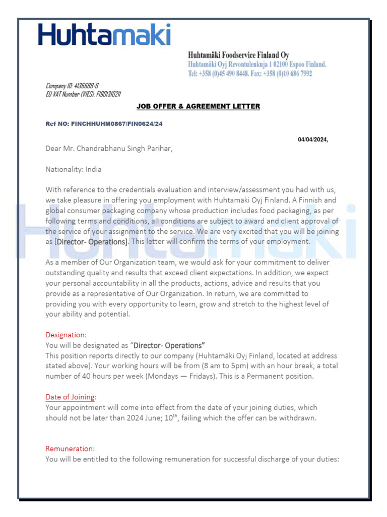 HuhtamÃ Ki OY Finland Offer Letter and Agreement (Chandrabhanu Singh ...