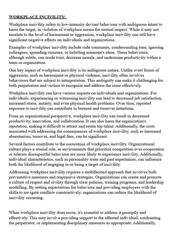 Workplace Incivility Pdf Leadership Organizational Culture