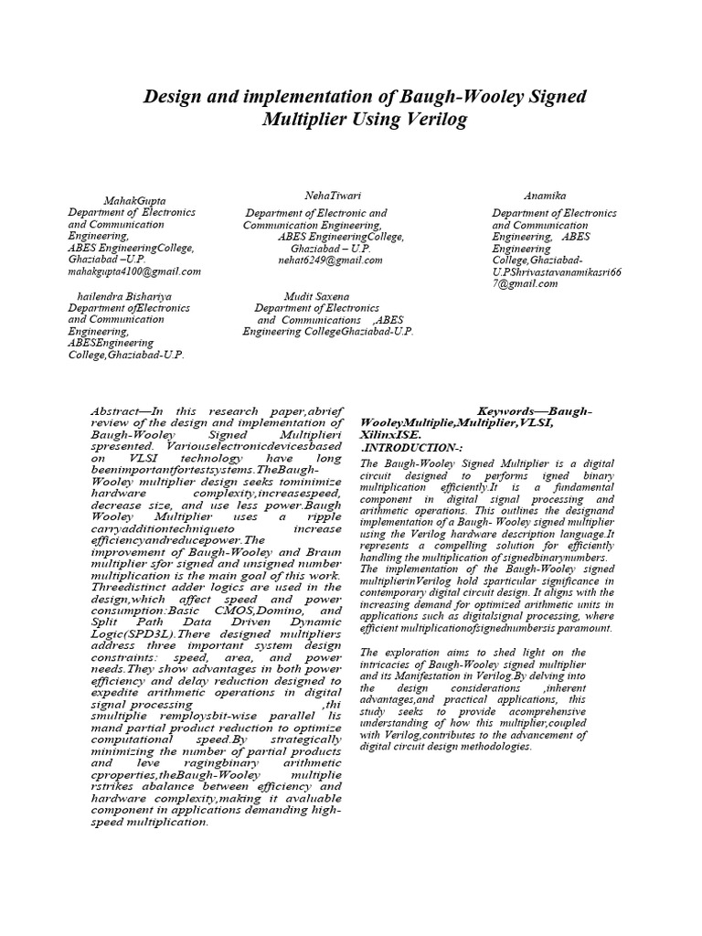 Research PPR Baugh Woolen Multiplier Using Verilog-1 | PDF ...