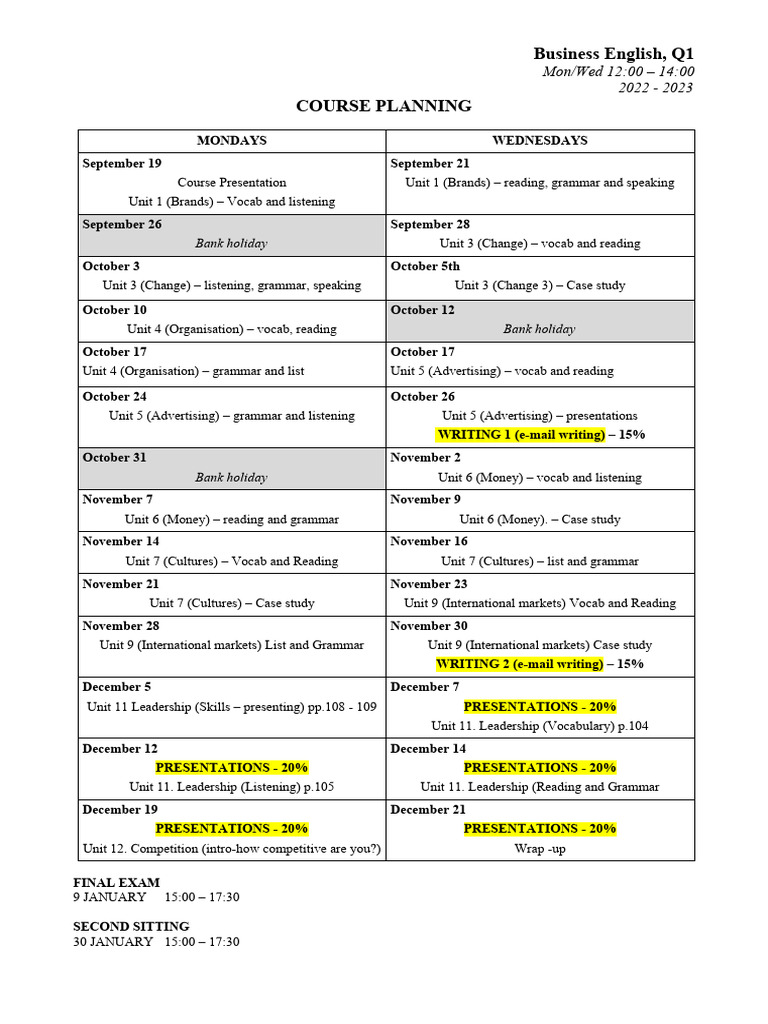 Business English Course Schedule Q1 | PDF | Vocabulary | Reading (Process)