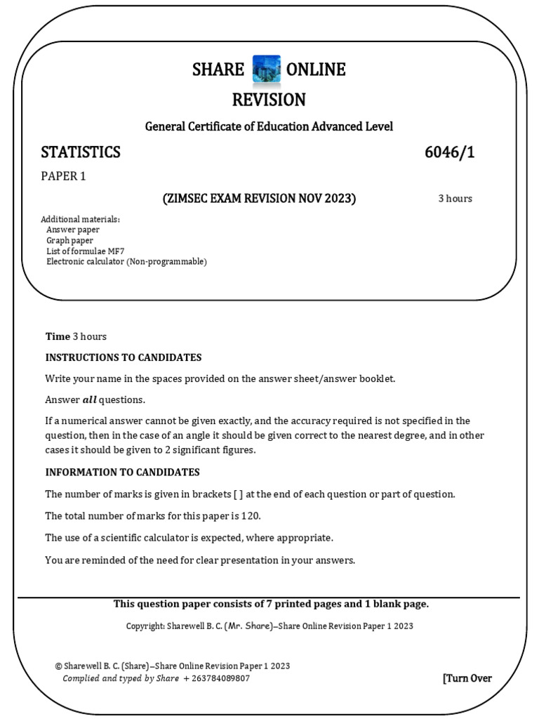 2023 PAPER 1 (A'LEVEL STATISTICS) FINAL REVISION MR SHARE | PDF ...