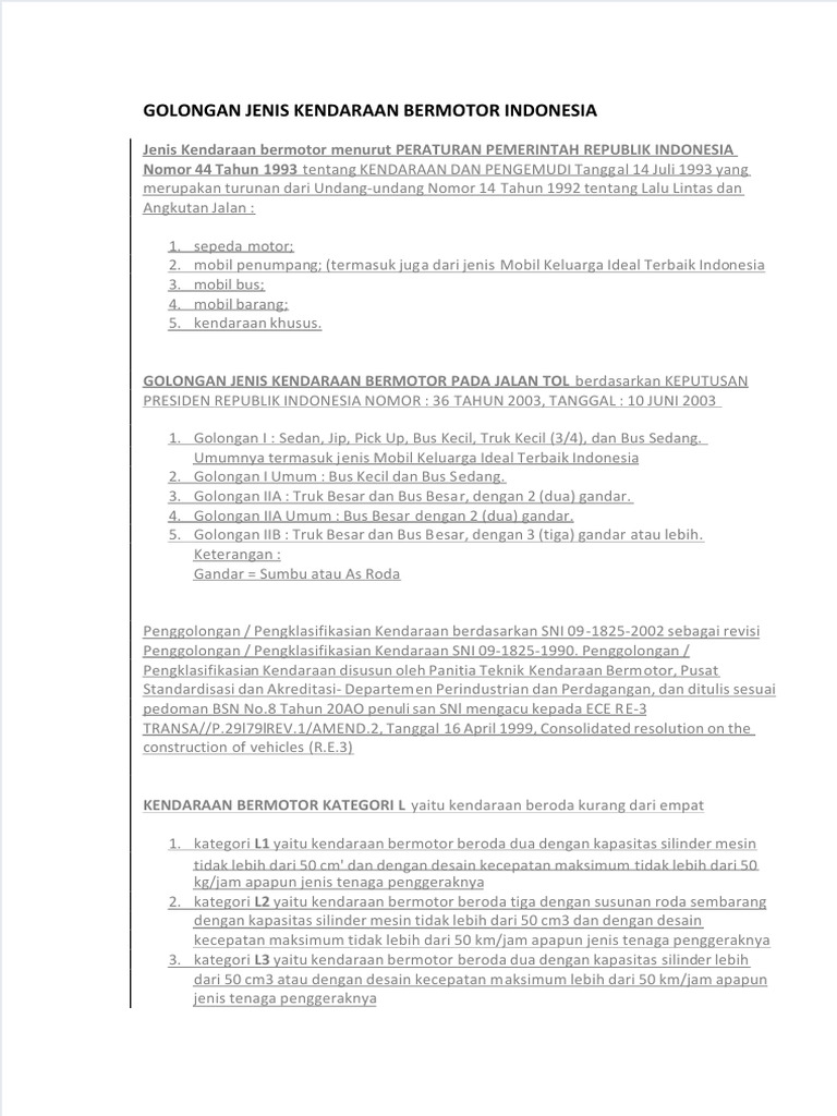 Dokumen - Tips Golongan Jenis Kendaraan Bermotor Indonesia | PDF