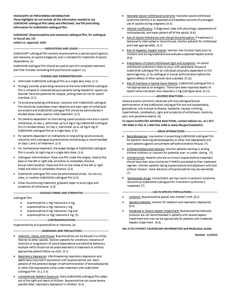 Suboxone PrescribingInformation PDF Opioid Use Disorder Addiction