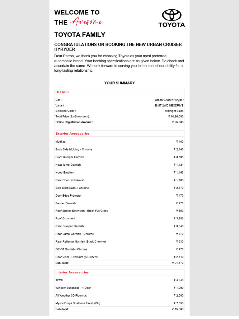 Urban Cruiser Hyryder Booking Summary | PDF | Vehicles | Car Body Styles