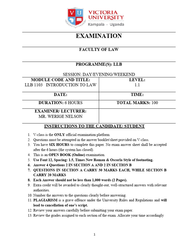 LLB 1103 Exam Instructions and Questions | PDF | Advocate | Lawyer