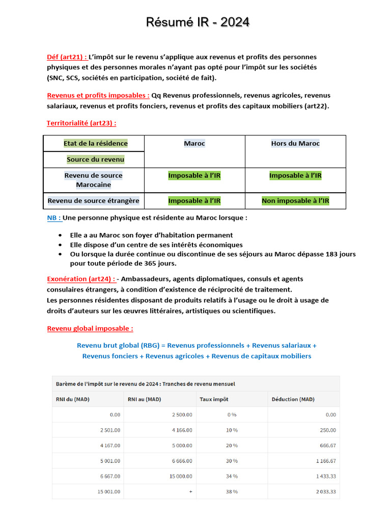 Impôt sur le revenu au Maroc 2024 | PDF | Argent | Financement du ...