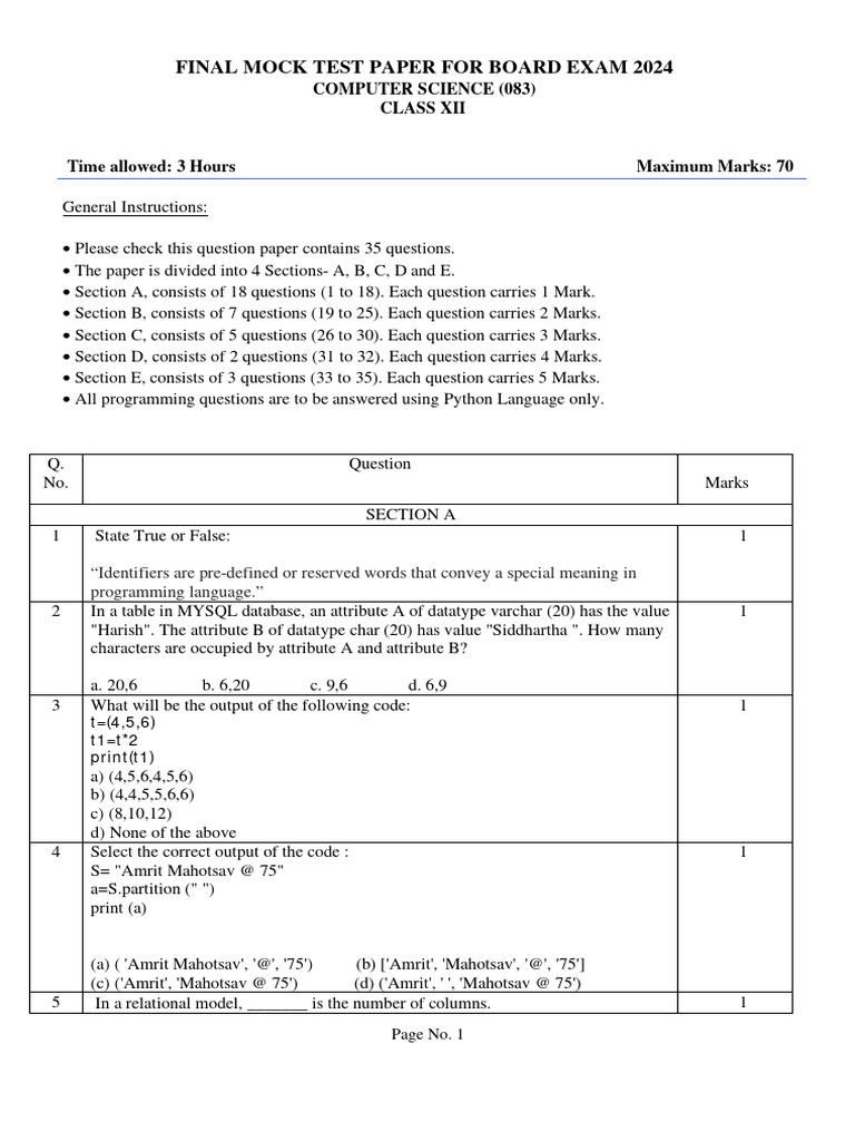 Class 12 Computer Science Mock Test 2024 | PDF | String (Computer ...