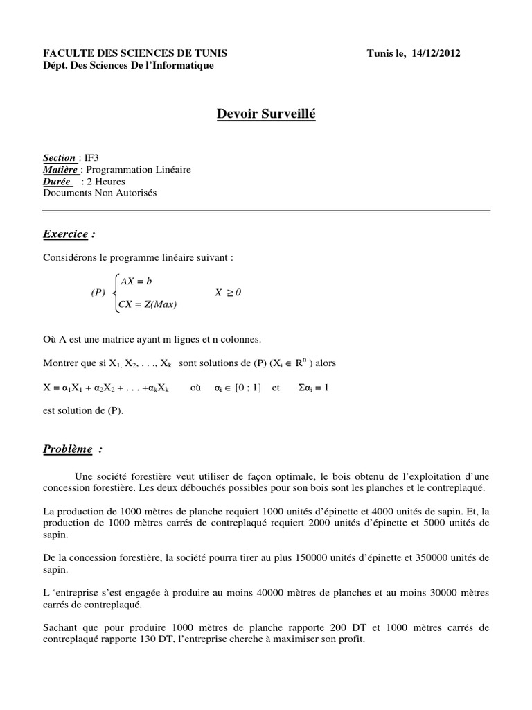 Optimisation du Bois : Programme Linéaire | PDF | Optimisation linéaire ...