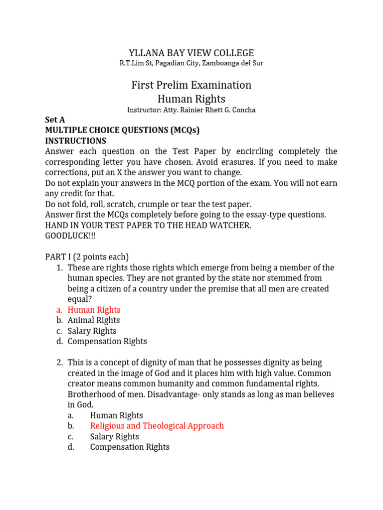 Human Rights Prelim Exam MCQs | PDF | International Law | Treaty