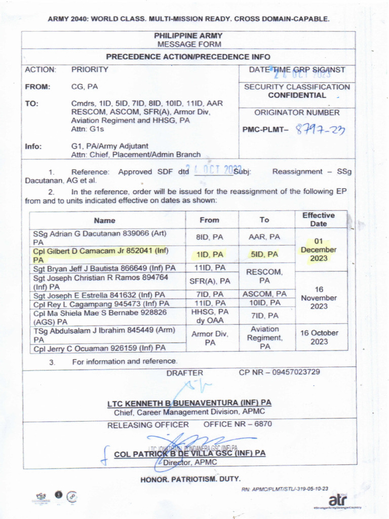 Rdo MSG Reassignment of CPL Camacam441 1 | PDF