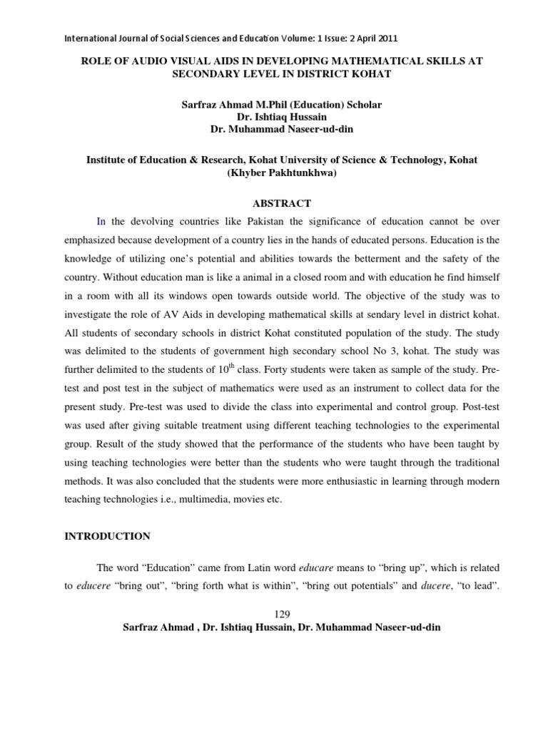 Role of Audio Visual Aids in Developing Mathematical Skills at
