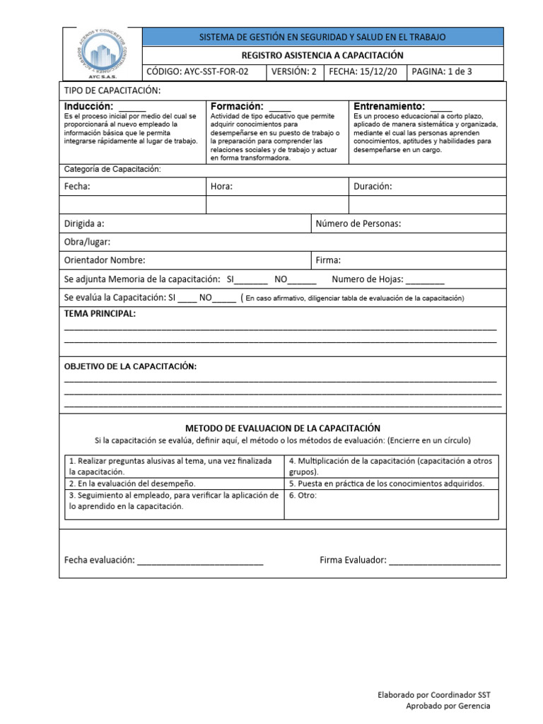 AYC-SST-FOR-03 Capacitacion | PDF | Evaluación
