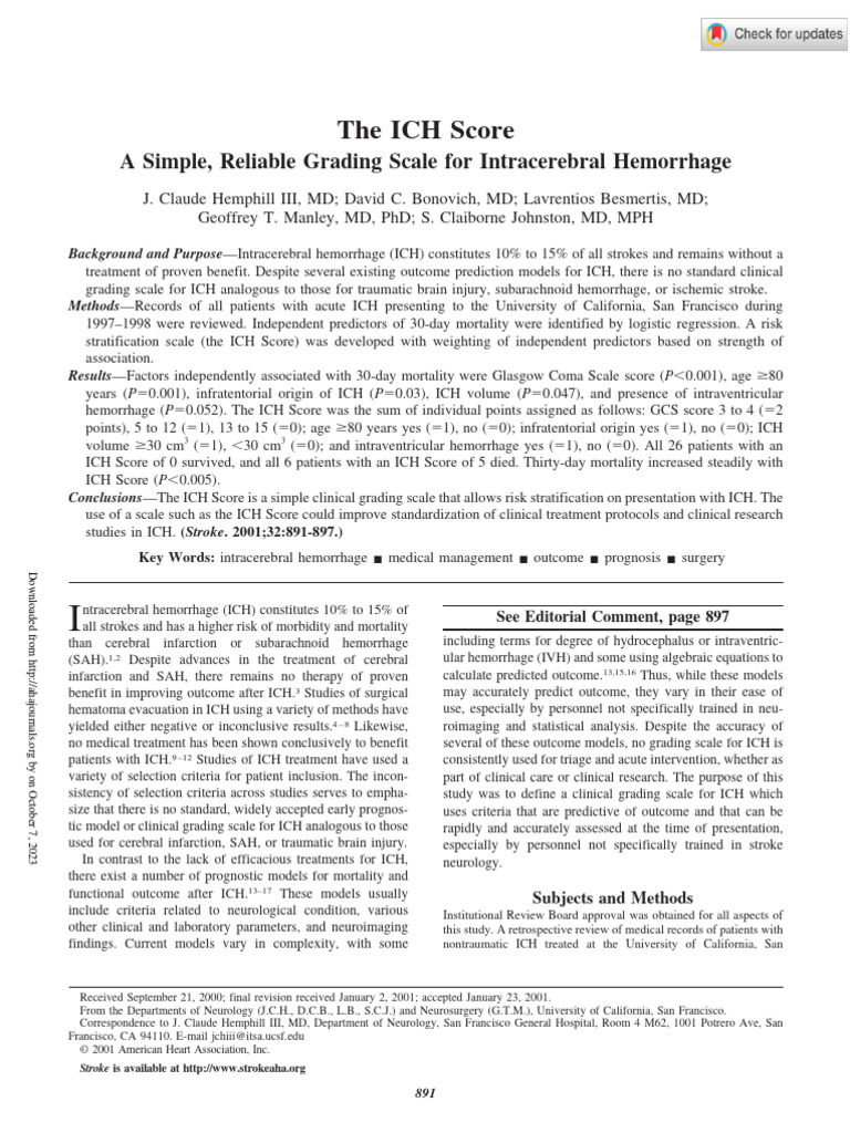 Hemphill Et Al 2001 The Ich Score | PDF | Stroke | Dependent And ...