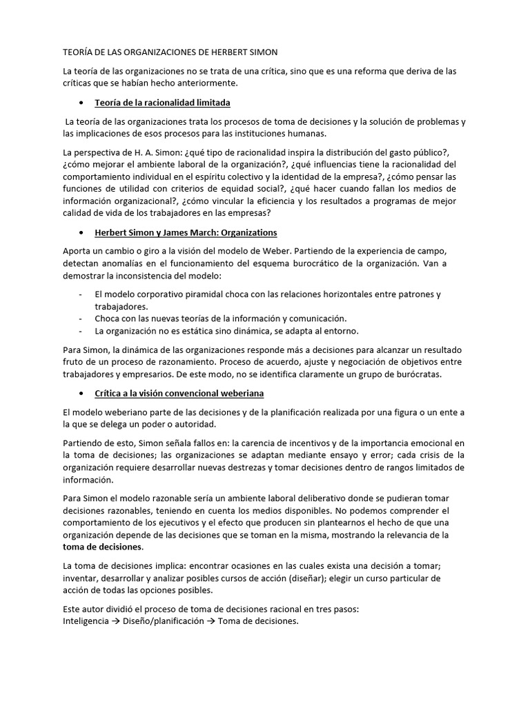 Teoría de la Organización de Herbert Simon | PDF | Toma de decisiones ...