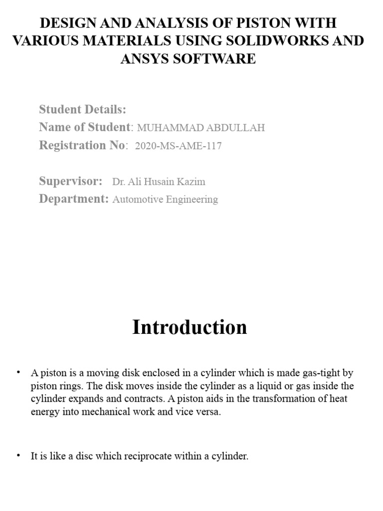 Piston Material Analysis Using SolidWorks | PDF | Piston | Internal ...