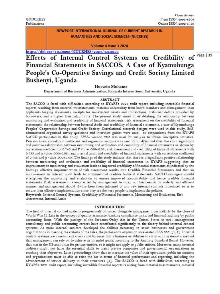Effects of Internal Control Systems On Credibility of Financial ...