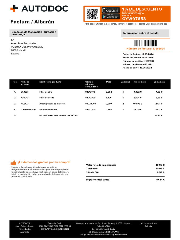 Factura de compra y descuento AUTODOC | PDF | Documentos empresariales
