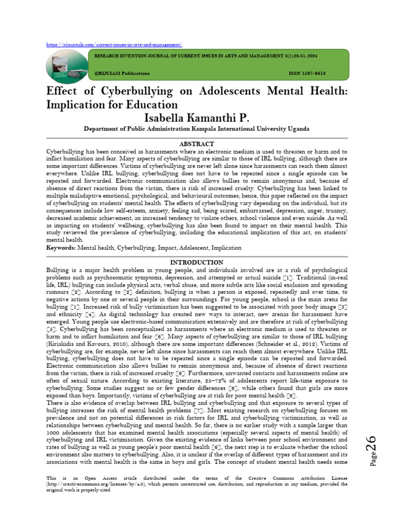 Effect of Cyberbullying On Adolescents Mental Health | PDF ...