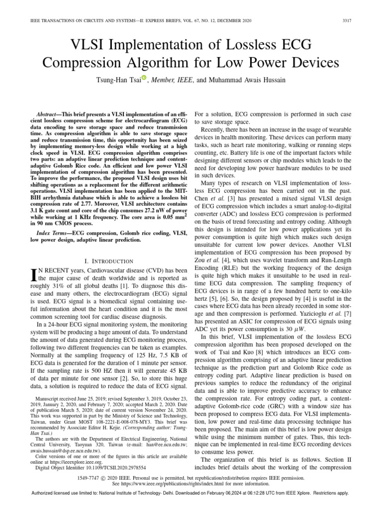 Vlsi implementation of lossless ecg compression algorithm for low power