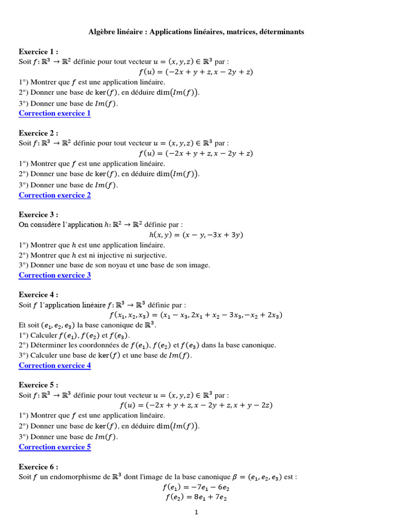 Exercices Corrigés sur Applications Linéaires | PDF | Base (algèbre ...