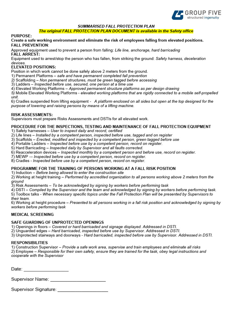 Summarised Fall Protection Plan | PDF | Safety | Scaffolding