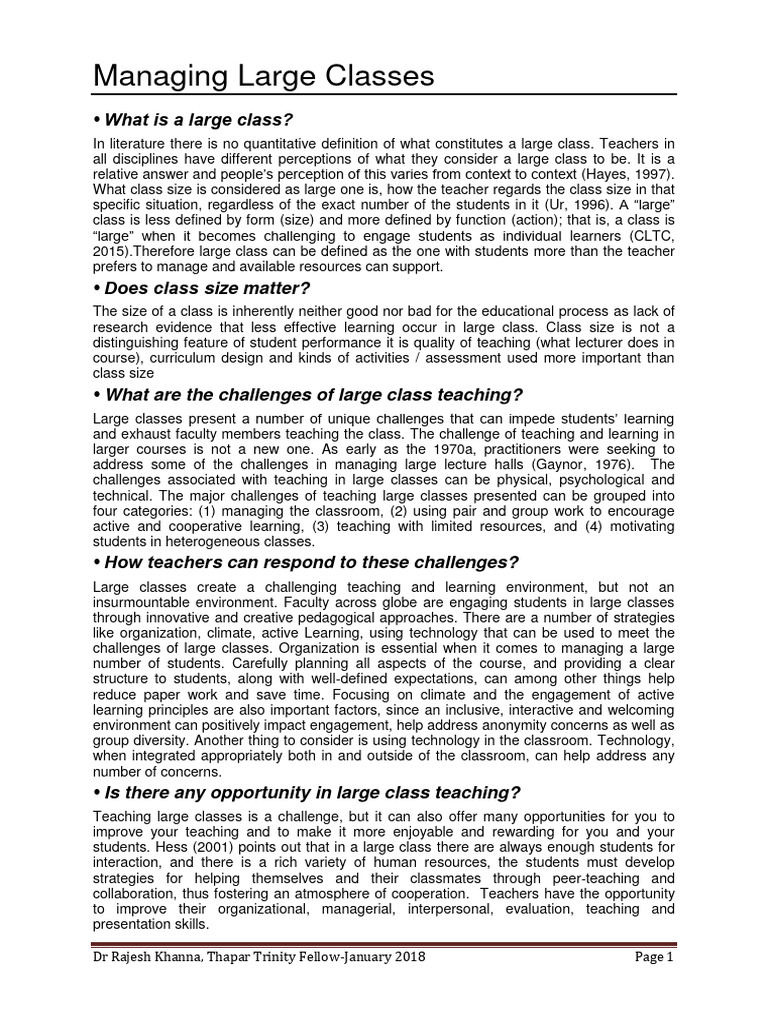 Strategies for Managing Large Classes | PDF | Learning | Teachers