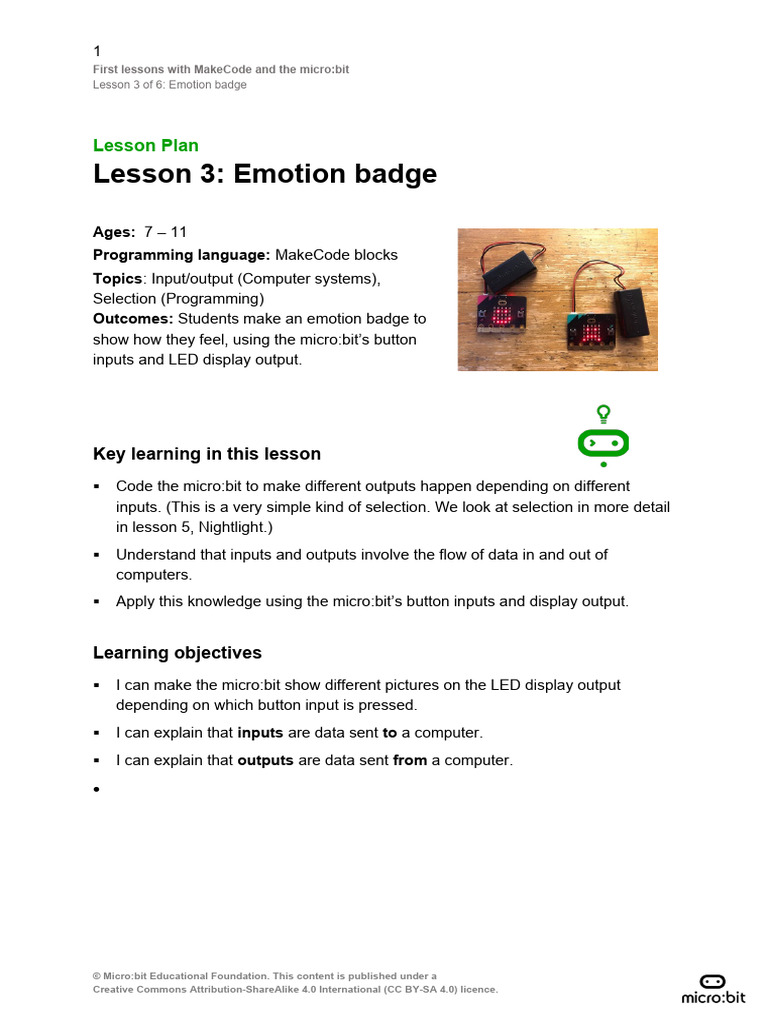 Emotion Badge Lesson with micro:bit | PDF | Input/Output | Information