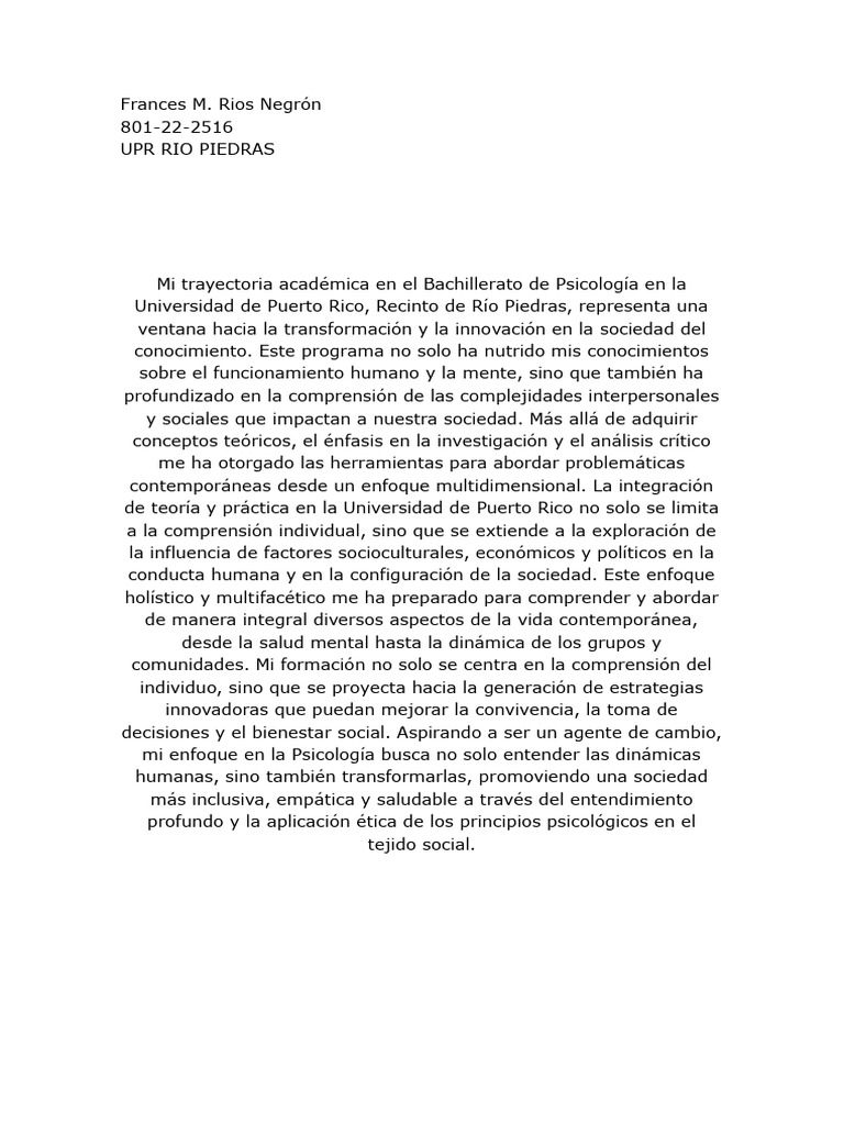 Trayectoria en Psicología UPR Río Piedras | PDF