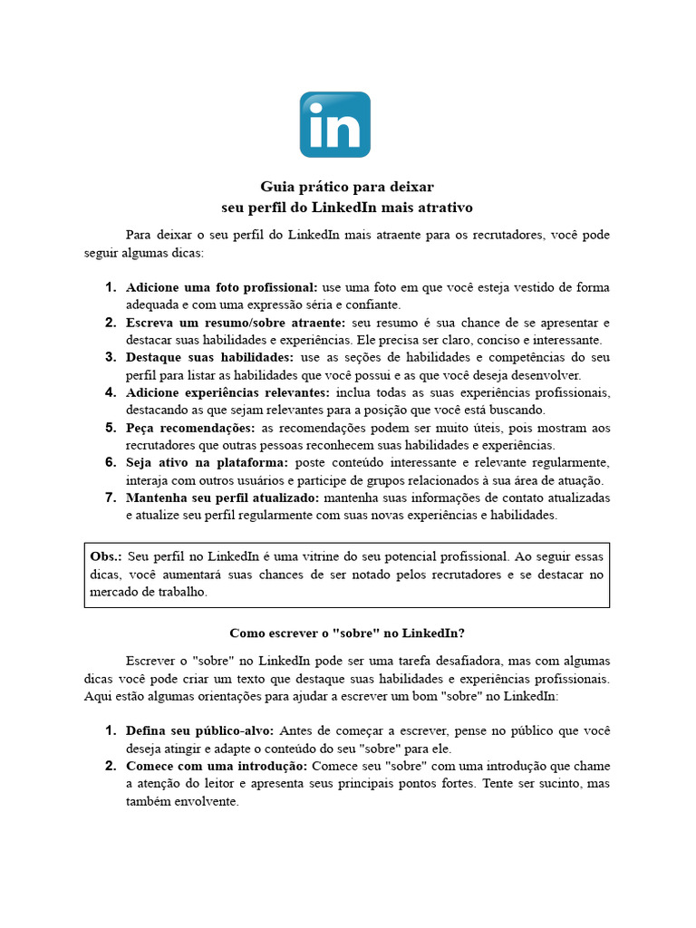 Dicas para Otimizar Seu Perfil no LinkedIn | PDF | Inteligência ...