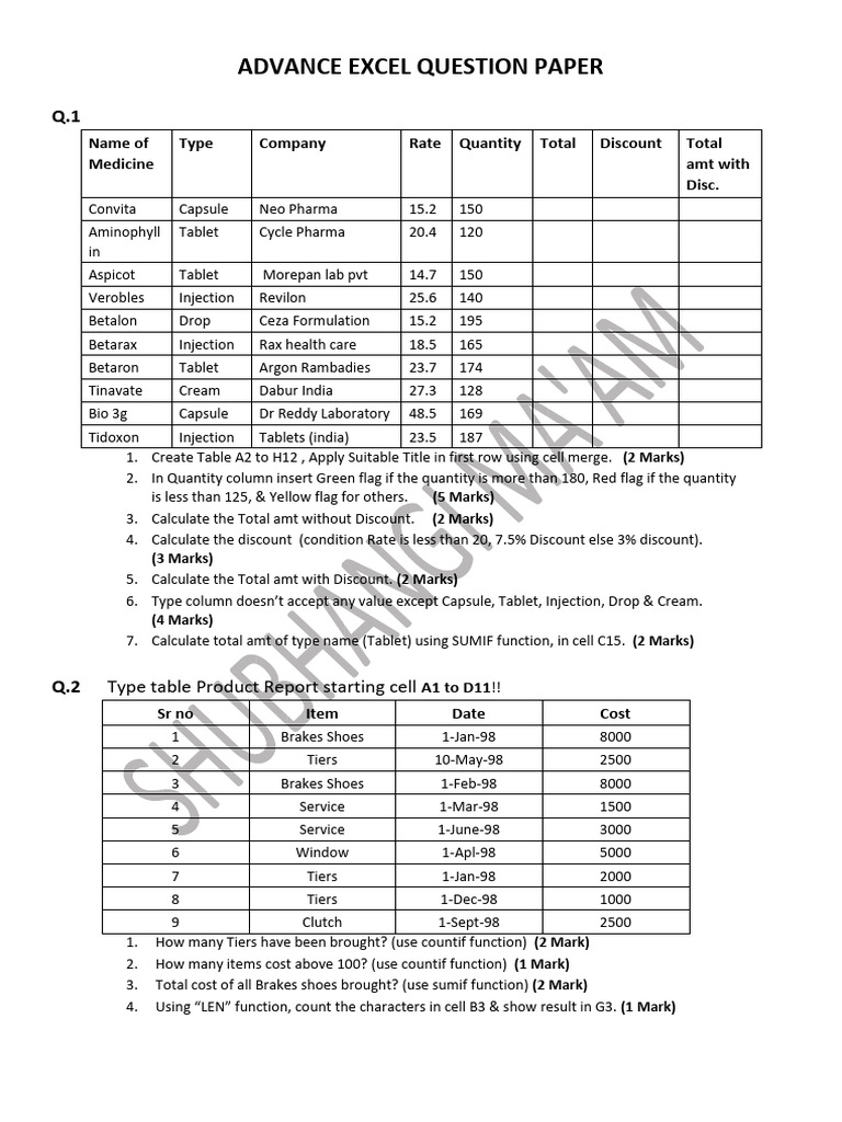 Advance Excel Question Paper (New) | PDF | Fruit | Vegetables