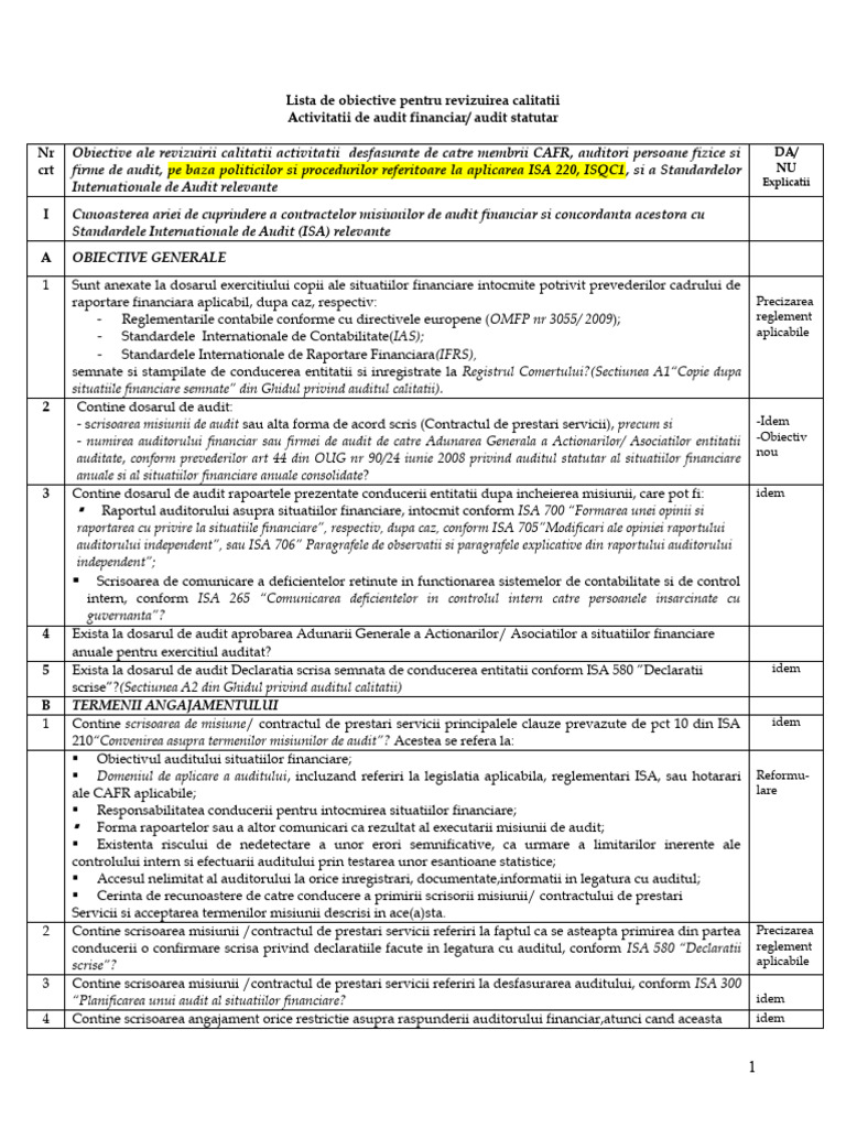 Lista Obiective Control PROCEDURI AUDIT FINANCIAR | PDF
