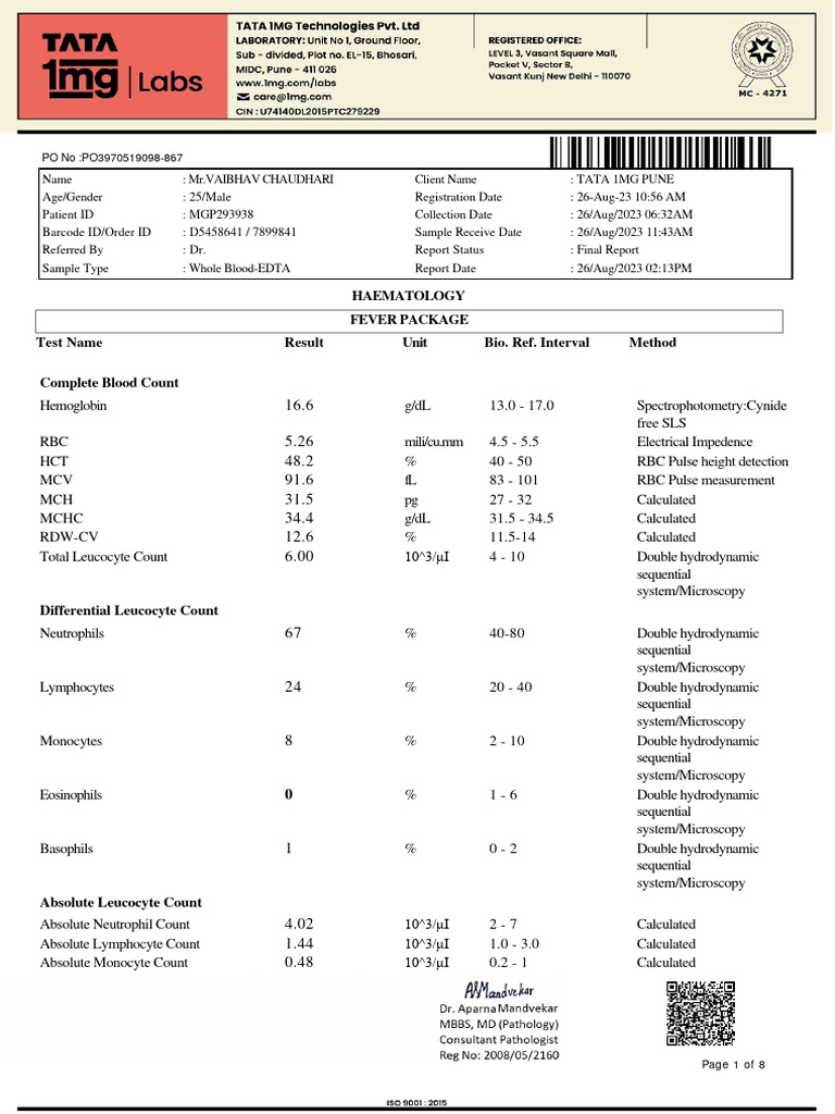 Complete Blood Count and Fever Panel Results | PDF | C Reactive Protein ...