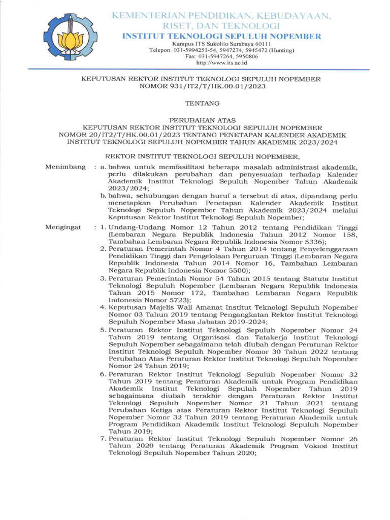 931 SK Rektor Tentang Perubahan Kalender Akademik 230802 065622 | PDF