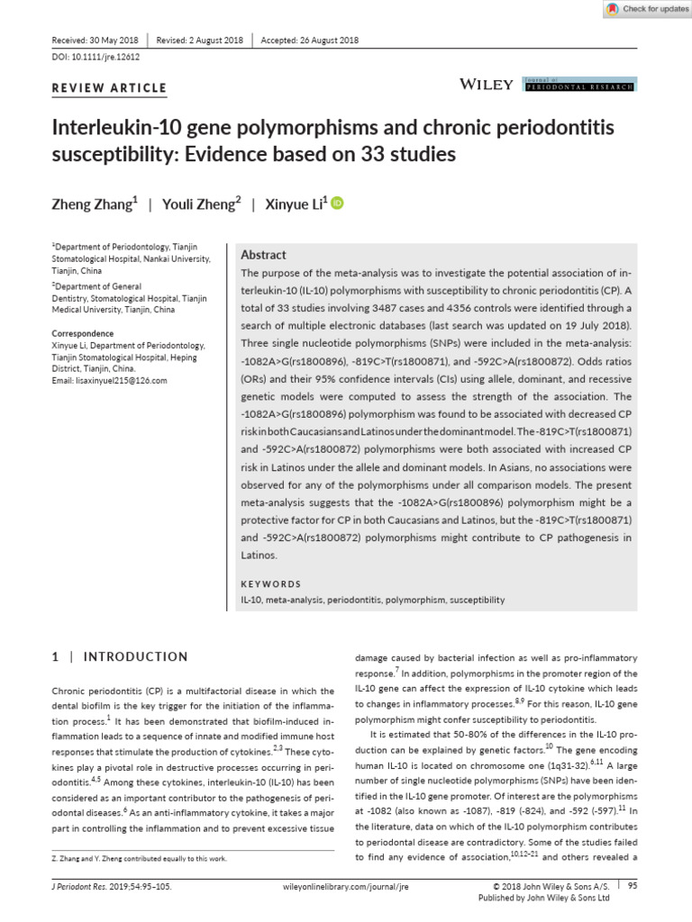 J of Periodontal Research - 2018 - Zhang - Interleukin 10 Gene ...