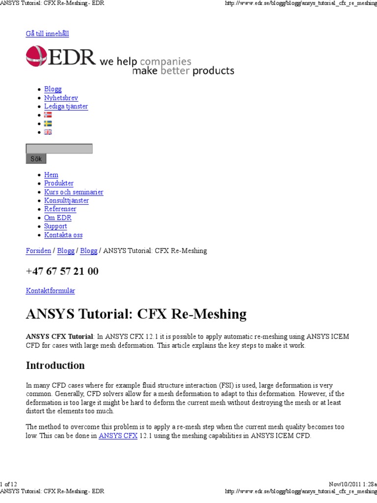 ANSYS Tutorial CFX Re-Meshing - EDR | PDF | Computational Fluid ...