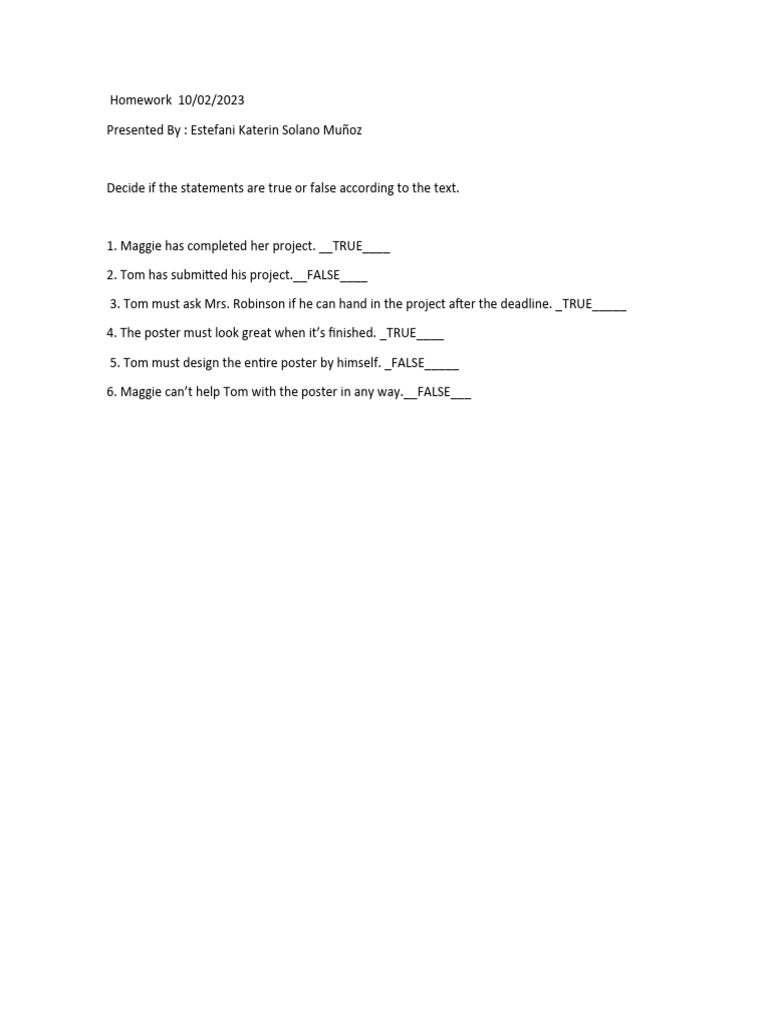 True or False Homework Answers | PDF