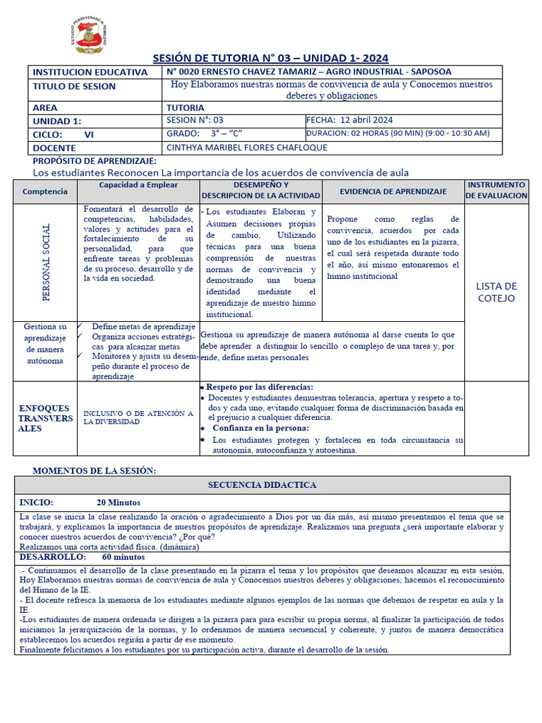 Normas de Convivencia en Aula 2024 | PDF | Aprendizaje | Evaluación