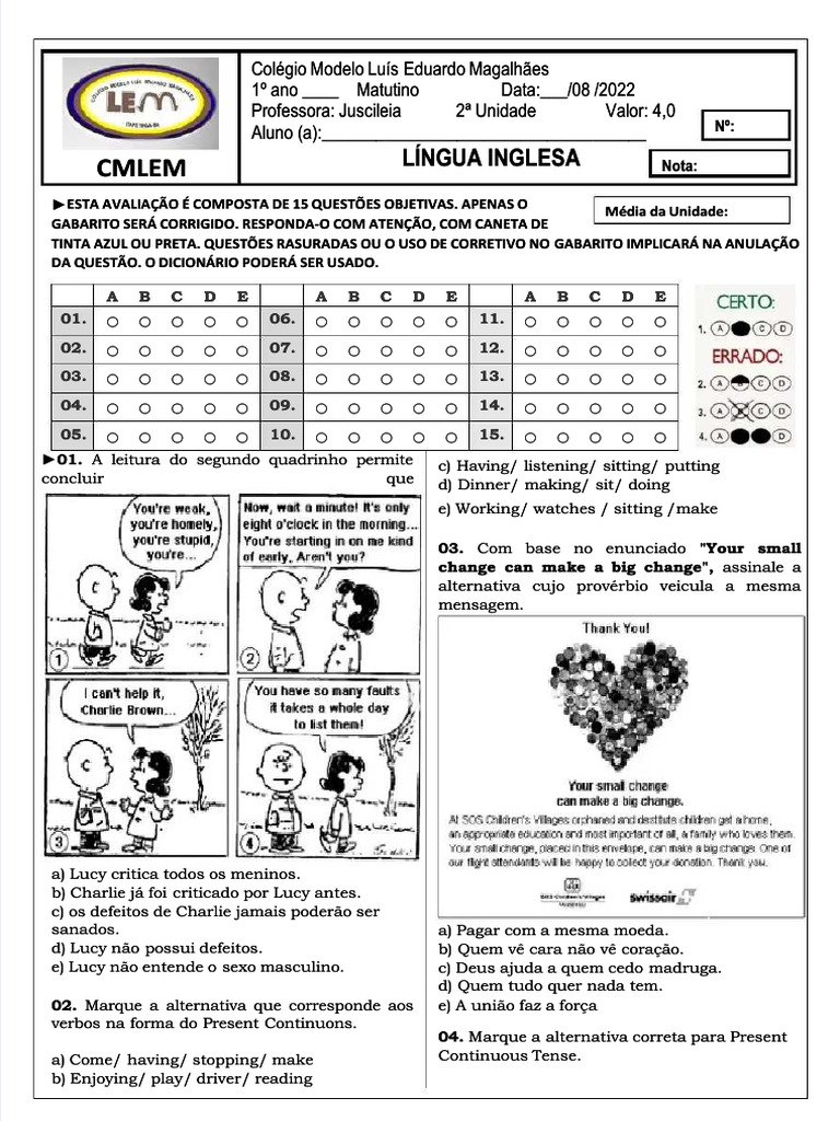 Prova de Inglês: Questões Objetivas e Gabarito | PDF