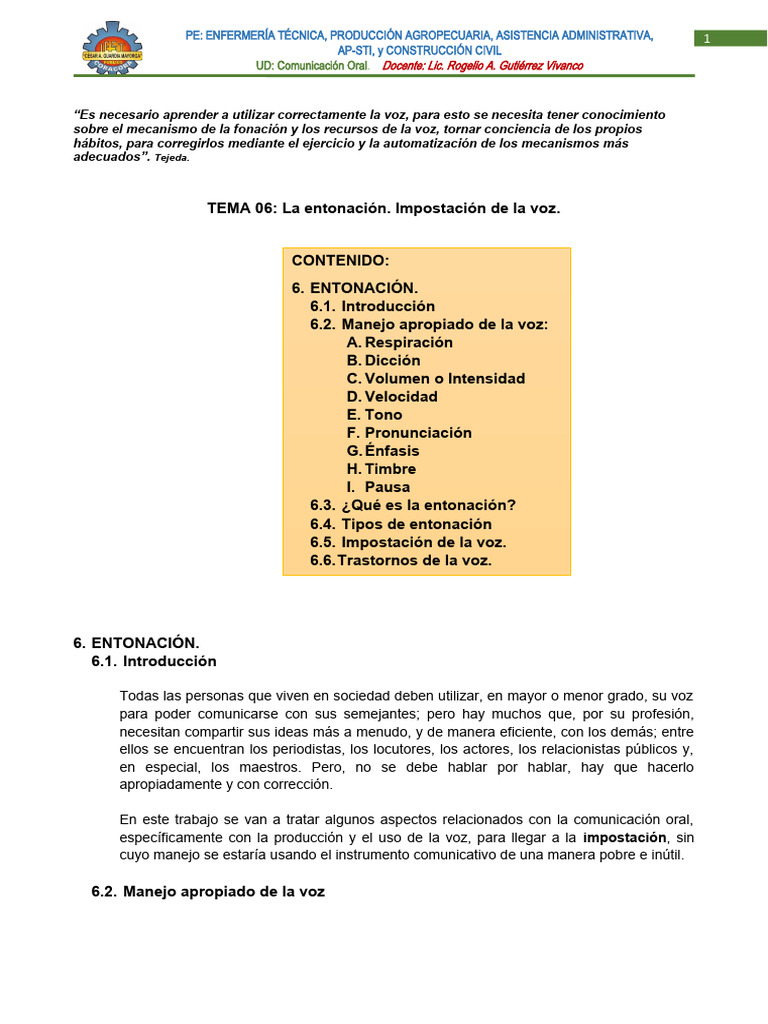 Impostación y Entonación de la Voz | PDF | Sonido | Boca