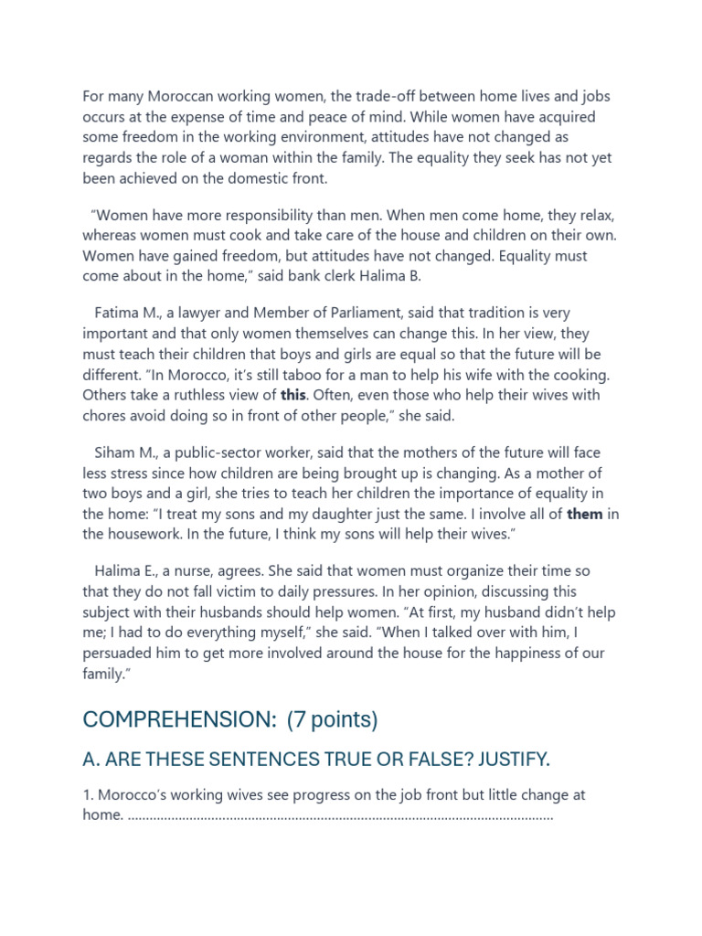 COMPREHENSION: (7 Points) : A. Are These Sentences True or False ...
