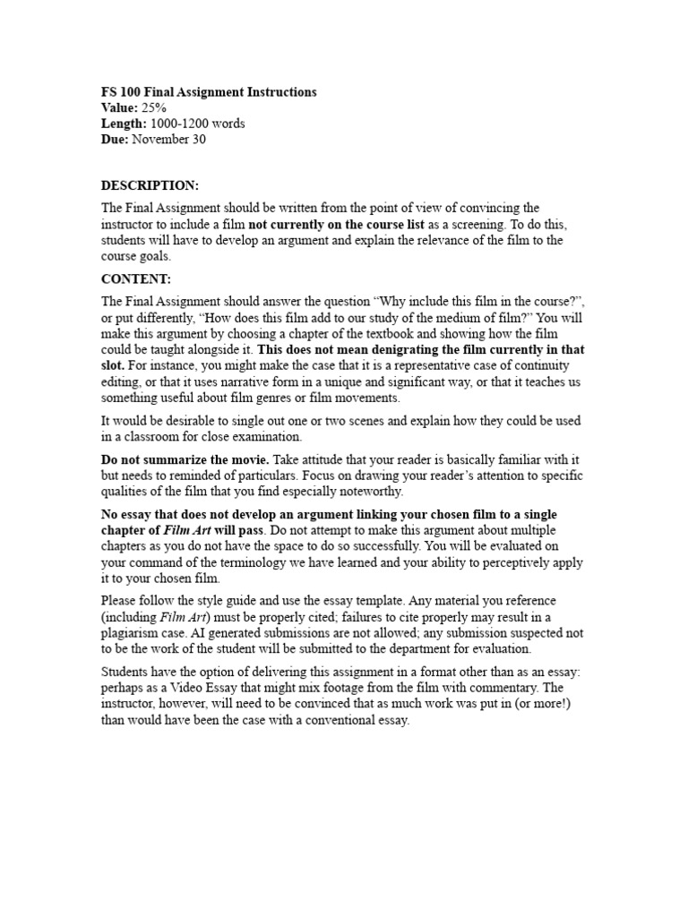 FS 100 Final Assignment Guidelines | PDF