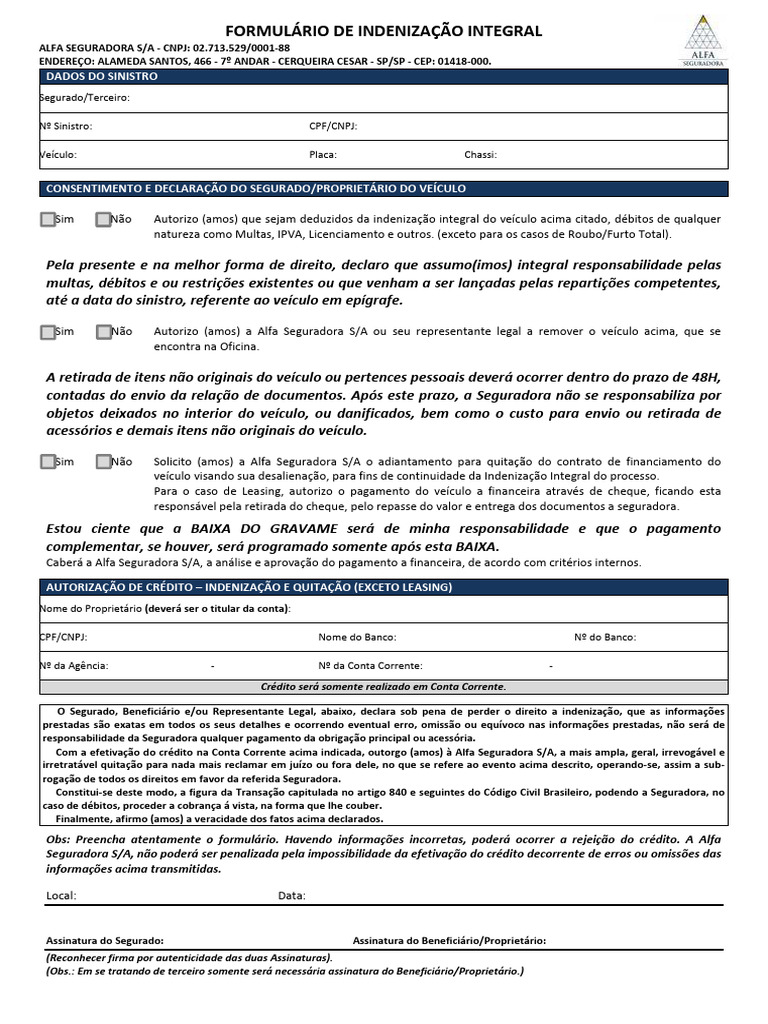Formulário de Indenização Integral | PDF | Indenização | Seguro